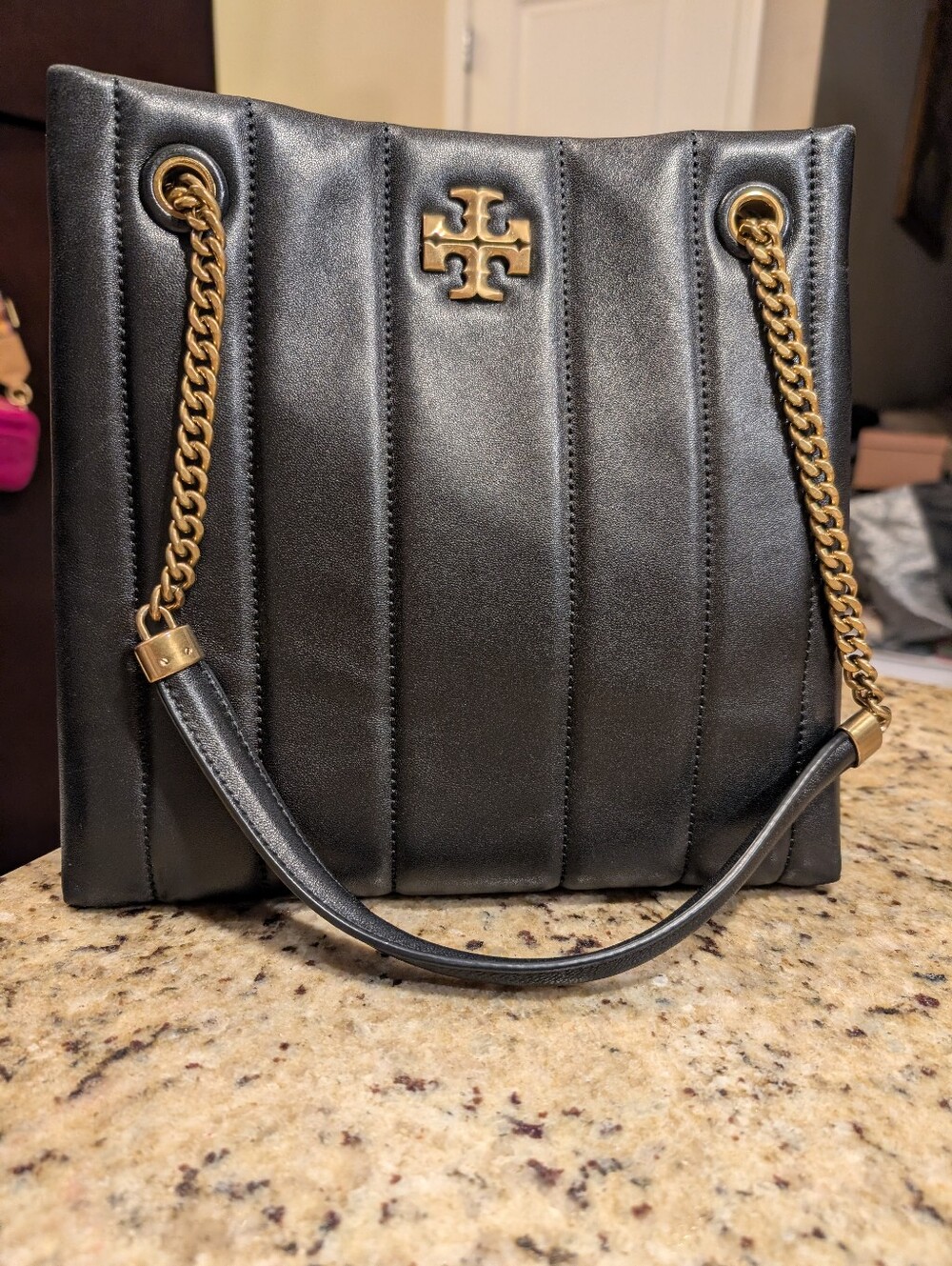 Tory Burch Kira Black Quilted Nappa Leather Shoulder Bag Gold Accents